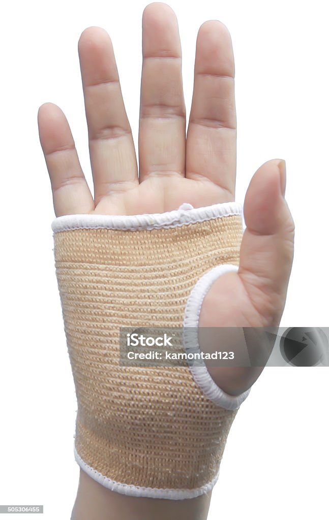 Hand with wrist suppo Hand with wrist support isolated on white Accidents and Disasters Stock Photo