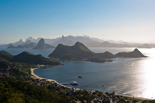 Picturesque Rio de Janeiro Mountain View Beautiful Panoramic View of Rio de Janeiro Mountains from the City Park in Niteroi on a Sunny Day. corcovado stock pictures, royalty-free photos & images