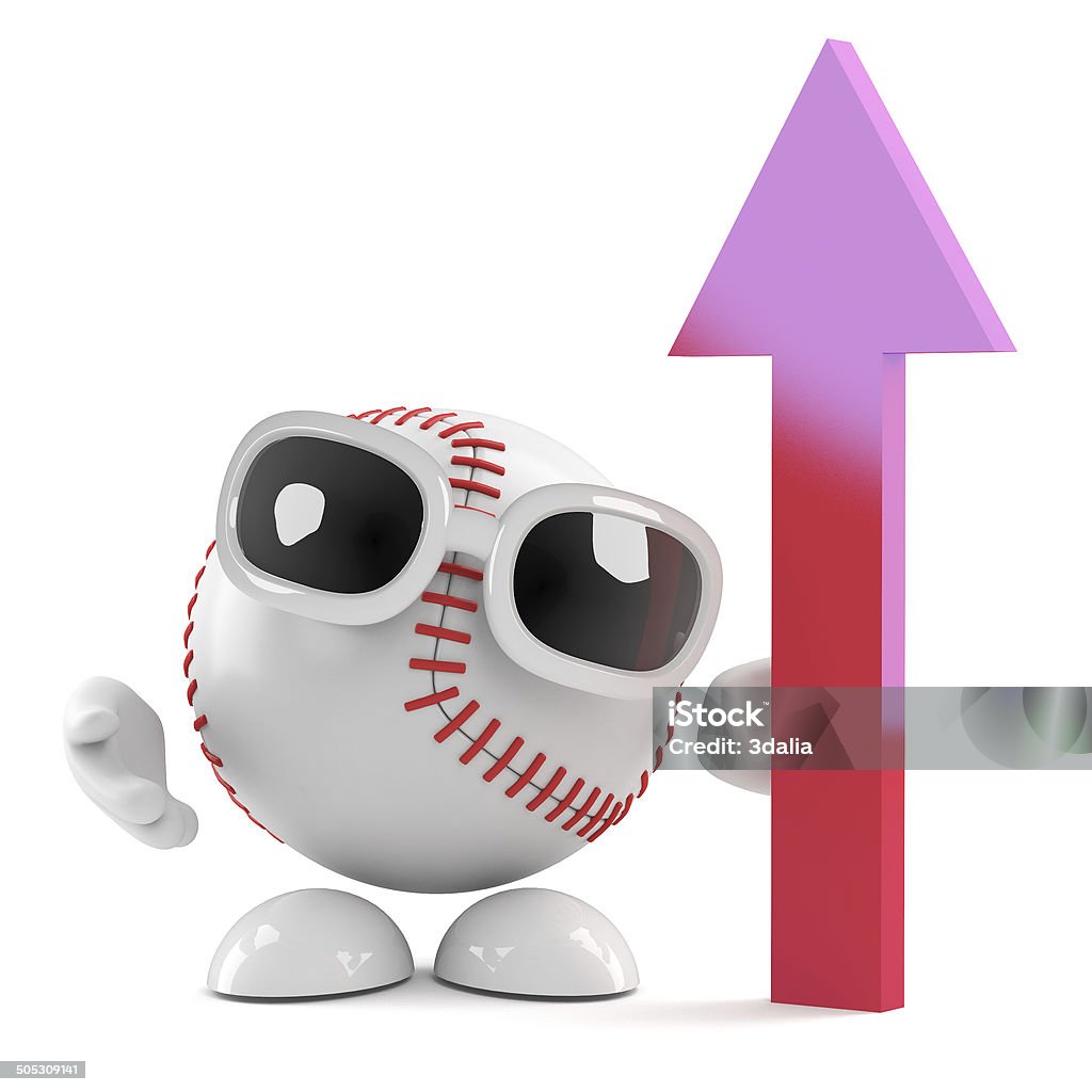 3d Baseball feels confident 3d render of a baseball character next to a red upward pointing arrow American Culture Stock Photo