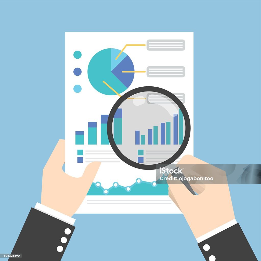 Businessman hands holding a magnifying glass and analysing the d Businessman hands holding a magnifying glass and analysing the data, Data analysis concept, VECTOR, EPS10 Report - Document stock vector