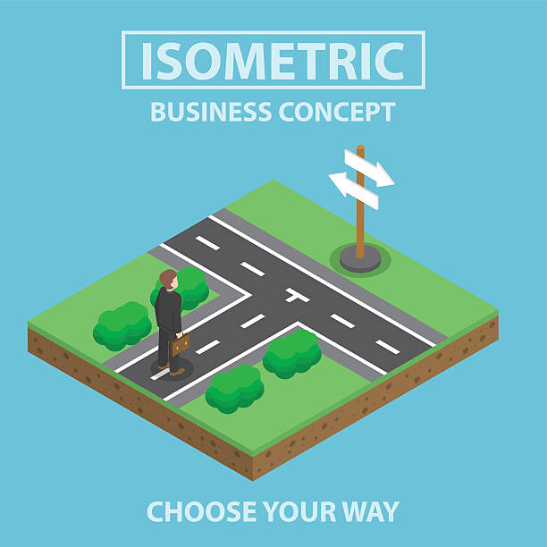 제품의 등각투영 사업가 입석 앞 교차로 - footpath single lane road crossroads sign road sign stock illustrations