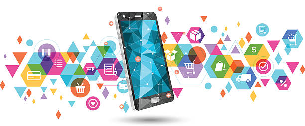 E-Commerce on smartphone E-Commerce on smartphone. shopping patterns stock illustrations