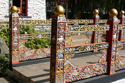 Chiang Mai, Thailand - January 2, 2016: the sculpture of the bridge in Bhutan style in the garden at royal park rajapruek which  is the botanical garden for travelling atttraction in Chiang Mai, Thailand.