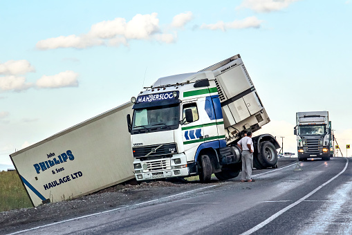 Bashkortostan, Russia - July 12, 2015: Semi-trailer truck Volvo FH12 is crashed at the interurban freeway.