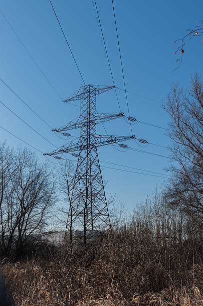 istock Electric power transmission tower on blue sky 505329656