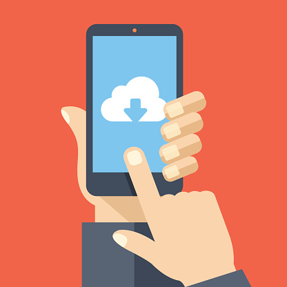 Cloud storage app on smartphone screen. User touch screen. Vector illustration