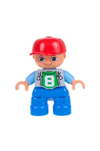 Adelaide, Australia - December 27, 2015: A studio shot of a Boy Lego duplo minifigure. Lego Duplo is desinged for younger children with larger blocks and figures. Lego is extremely popular worldwide with children and collectors.