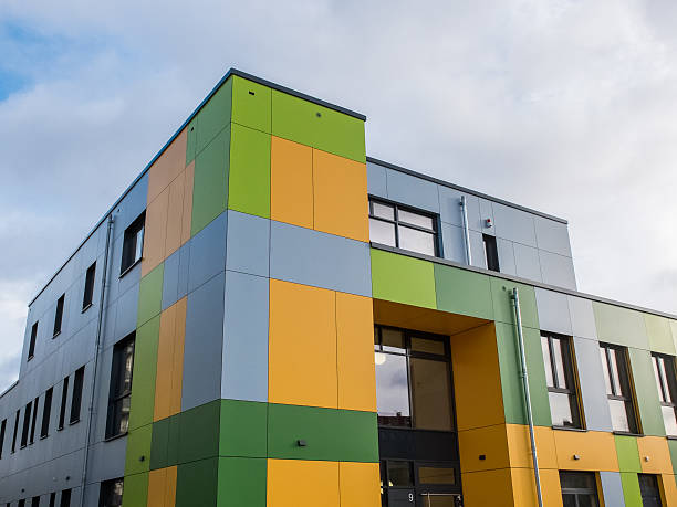 istock Colorful Modern Building Exterior with Cloudy Sky 505332380