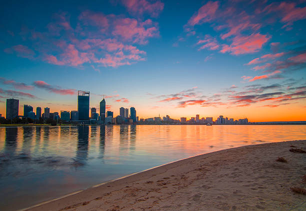 istock Vibrant Colors Sunrise View of Perth Skyline from Swan River 505333744