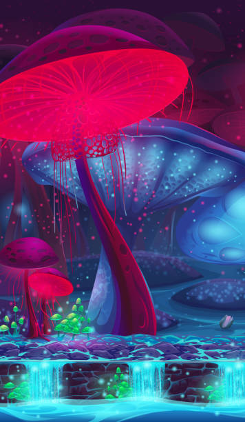 Magic Mushroom Hollow - mystical vertical vector background Magic Mushroom Hollow - mystical vertical vector background  for game design fungus network stock illustrations