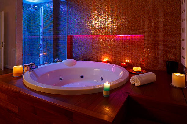 istock Interior of modern bathroom   Hydro massage bath and Shower 505336688