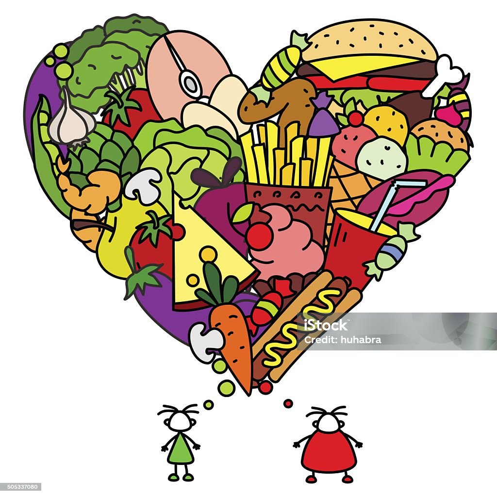 Healthy and junk food for people Useful and harmful food for people in the form of heart Alberta stock vector