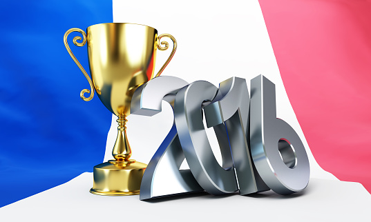 France football 2016, Gold Trophy Cup and flag of France. 3d Illustrations 