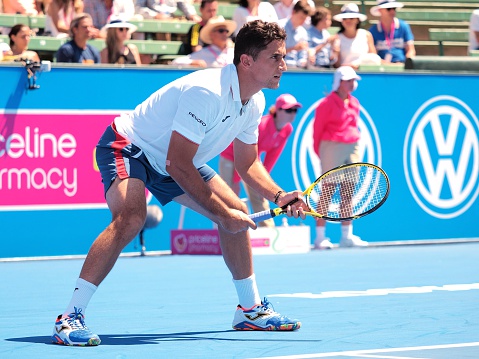 Melbourne, Australia - January 12, 2016: Nicolas Almagro of Spain at an Exhibition and practice match at Kooyong Tennis Club