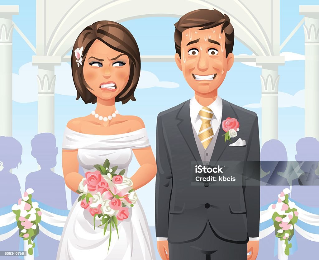 Panicking Groom At Outdoor Wedding Ceremony A beautiful bride and groom at their outdoor wedding ceremony. The groom is panicking, sweating and nervously smiling and the bride gets angry and kicks him with her elbow. In the background are wedding guests, floral arrangements, an arch and pillars and a blue sky.  Wedding stock vector
