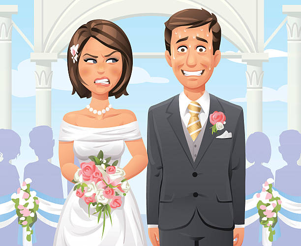 Panicking Groom At Outdoor Wedding Ceremony A beautiful bride and groom at their outdoor wedding ceremony. The groom is panicking, sweating and nervously smiling and the bride gets angry and kicks him with her elbow. In the background are wedding guests, floral arrangements, an arch and pillars and a blue sky.  wedding cartoon stock illustrations