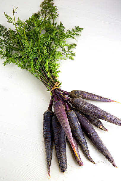 racimo de heirloom púrpura zanahorias, en backgrou blanco y madera - wood carrot vegetable farm fotografías e imágenes de stock