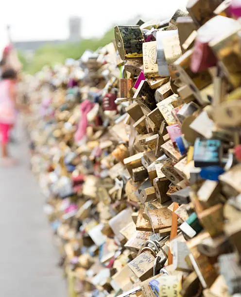 Love locks on a bridge in Paris with out of focus young girl looking at them