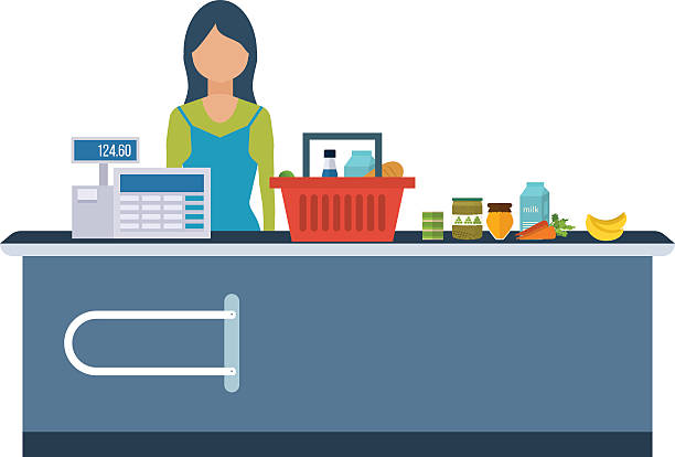 Young cashier woman standing in supermarket. A Young cashier woman standing in supermarket. Sales clerk working with customers at the technology store or department. Flat illustration.  grocery store cashier stock illustrations