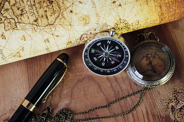 istock Compass ,pocket watch and Fountain pen on vintage map. 505365316
