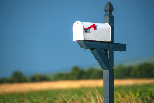 Rural white mailbox with red flag on blue post astride road with field and blue sky in background.