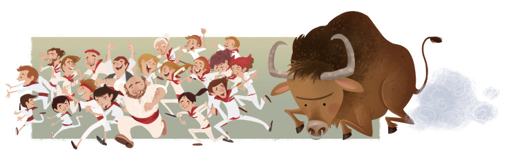 This image is of people running in front of a bull in San Fermin Festival, Spain, this illustration is fully made ​​computer and I am the author of the work.