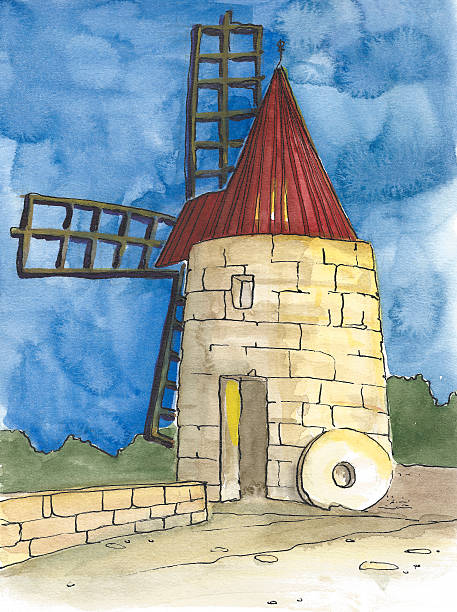 Watercolor illustration of a mill Watercolor illustration of a mill france village blue sky stock illustrations