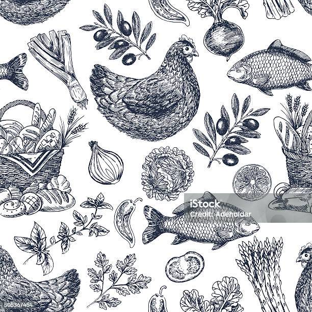 Vintage Food Background Different Kinds Of Food Vector Illustration Stock Illustration - Download Image Now