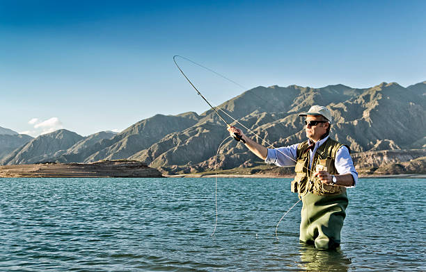 Fly fishing on lake Fly fishing on lake for catching trout. Mendoza, Argentina. freshwater fishing photos stock pictures, royalty-free photos & images