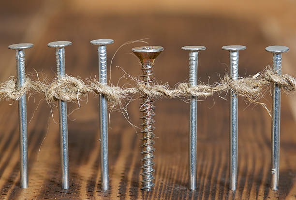 istock Row of nails and a screw  tied with a rope 505368880