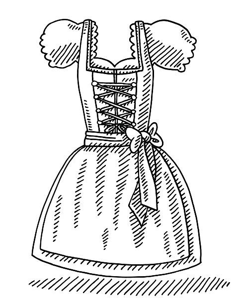 Dirndl Bavarian Women's Clothing Drawing Hand-drawn vector drawing of a Dirndl Bavarian Women's Clothing. Black-and-White sketch on a transparent background (.eps-file). Included files are EPS (v10) and Hi-Res JPG. pics of dirndl skirt stock illustrations