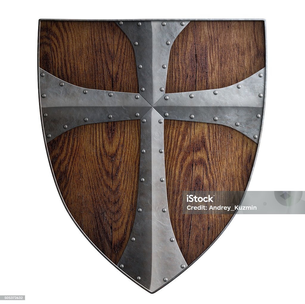 medieval crusader apantallamiento de madera aislada - Foto de stock de Acero libre de derechos