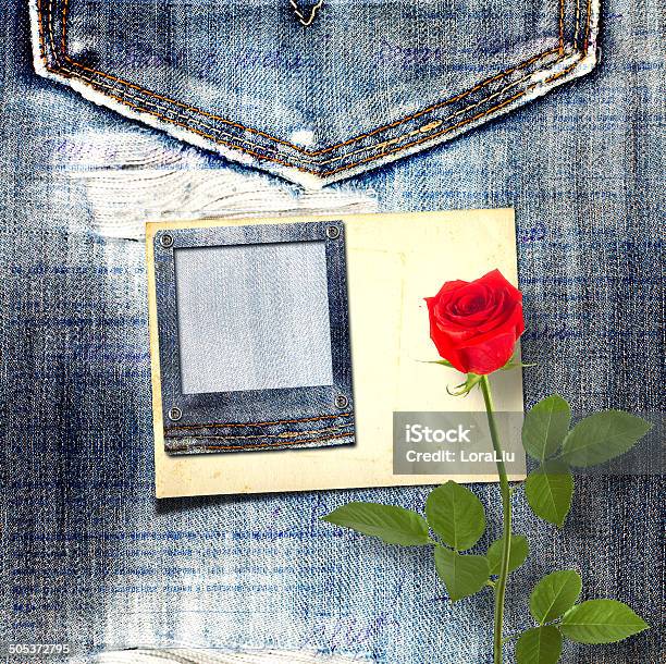 Old Vintage Postcard With Beautiful Red Rose On Blue Jeans Stock Photo - Download Image Now