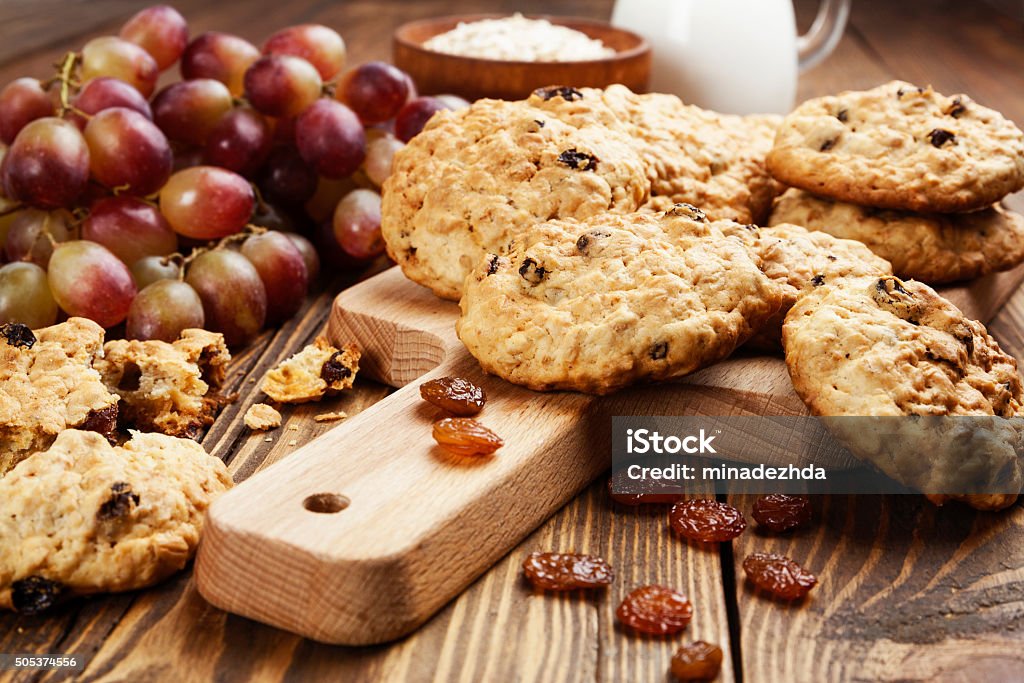 Homemade cookies with raisins Homemade cookies from oat flakes with raisins on the table Cookie Stock Photo