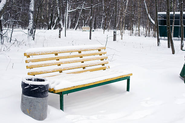 istock Yellow bench and trashcan in snow 505375222