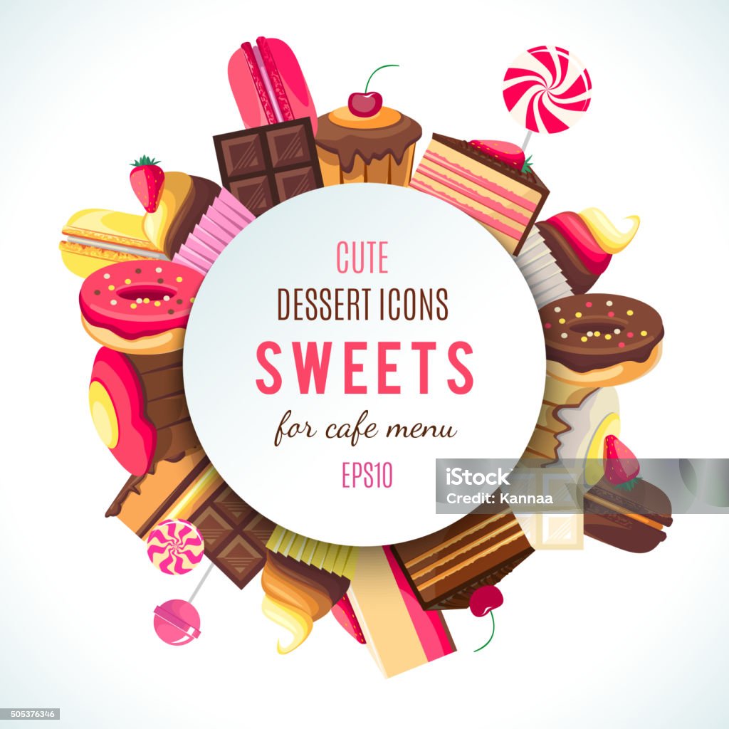 Background for sweets company logo Background for sweets company logo. Spare place for your text and logotype. Cupcakes, chocolates, ice creams, muffins, and candies isolated on white background. Vector design illustration Arts Culture and Entertainment stock vector