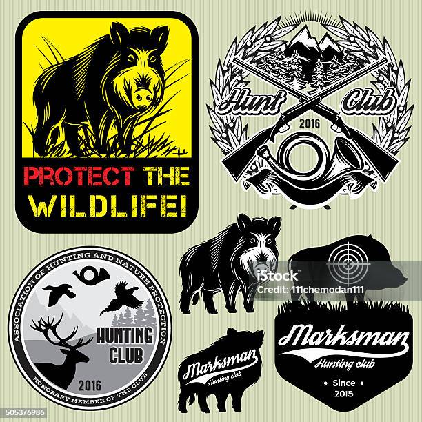 Set Template With Wild Boar For Hunting Clubs Stock Illustration - Download Image Now - Hunter, Hunting - Sport, Domestic Pig