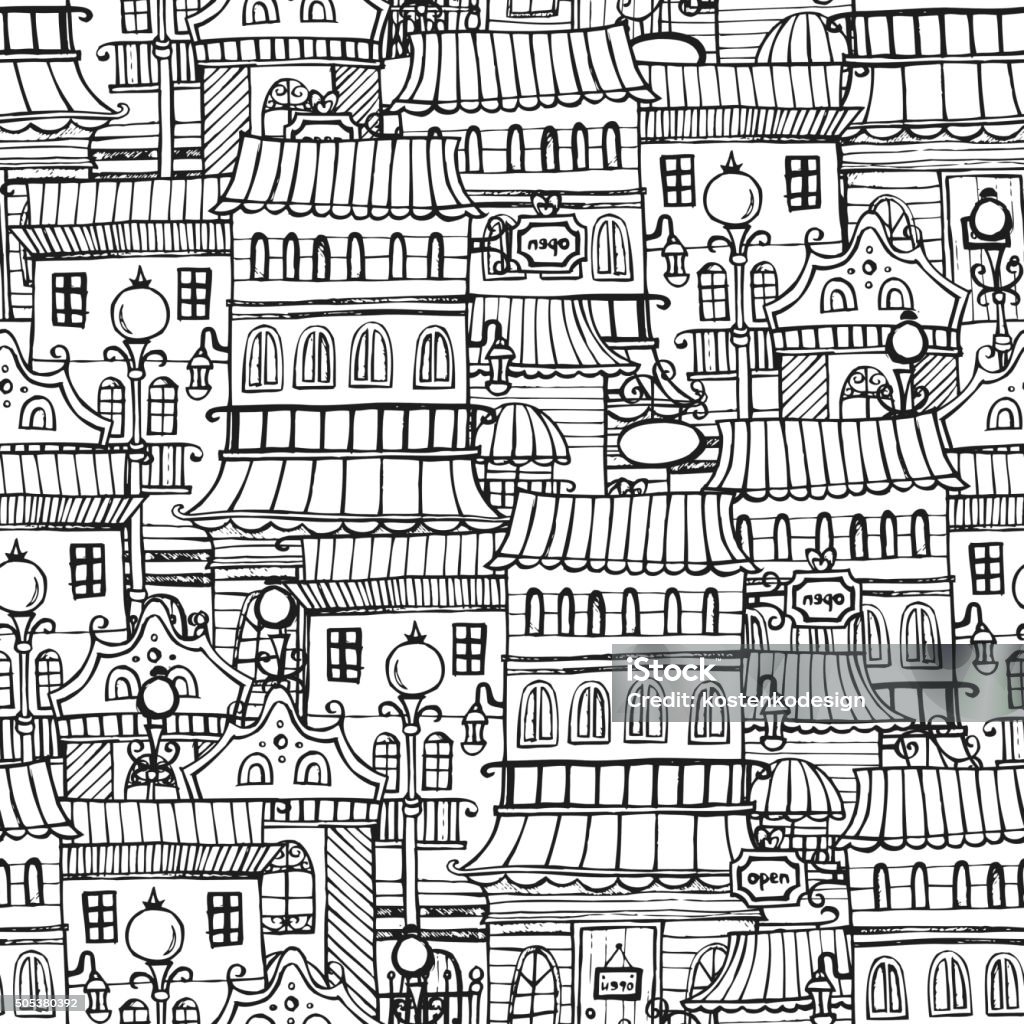Cartoon fairy tale drawing vintage town Cartoon fairy tale drawing vintage town. Sketchy seamless pattern Abstract stock vector