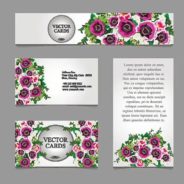 Vector illustration of Four cards with white and pink flower composition