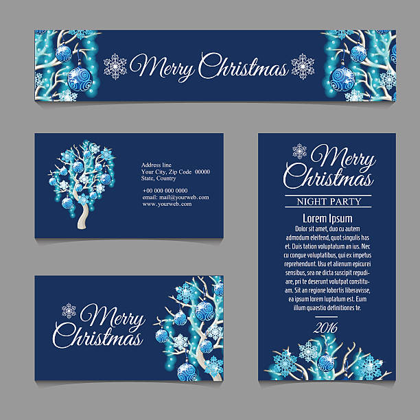 четыре поздравительных открыток со стильной christmas tree - invitation decoration frost placard stock illustrations