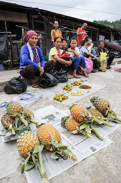 Pineapple seller Kiulu, Sabah Malaysia. August 5, 2014 : A local selling pineapple at a local market called 'Tamu' in interior of Sabah Malaysia. tivoli bazaar stock pictures, royalty-free photos & images