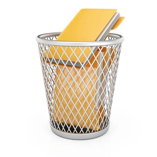 Wastepaper basket with folders isolated on white background. 3d rendering illustration