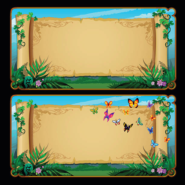 zwei banner girlanden auf pergament mit schmetterlingen - frame copy space fantasy scroll stock-grafiken, -clipart, -cartoons und -symbole