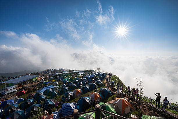 Petchaboon, Thailand - October 18, 2015: tourist view point of Phu Tubberk colorful tents blue sky morning sunrise in Petchabun, Thailand, October 18,2015