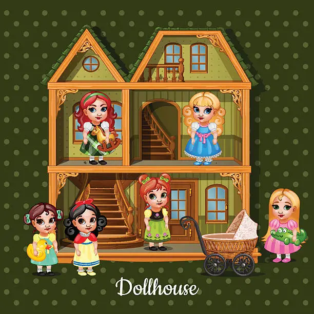 Vector illustration of Modern three-storey dolls house with toys
