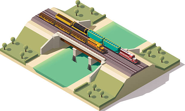 Treni isometrici vettoriale ponte - illustrazione arte vettoriale