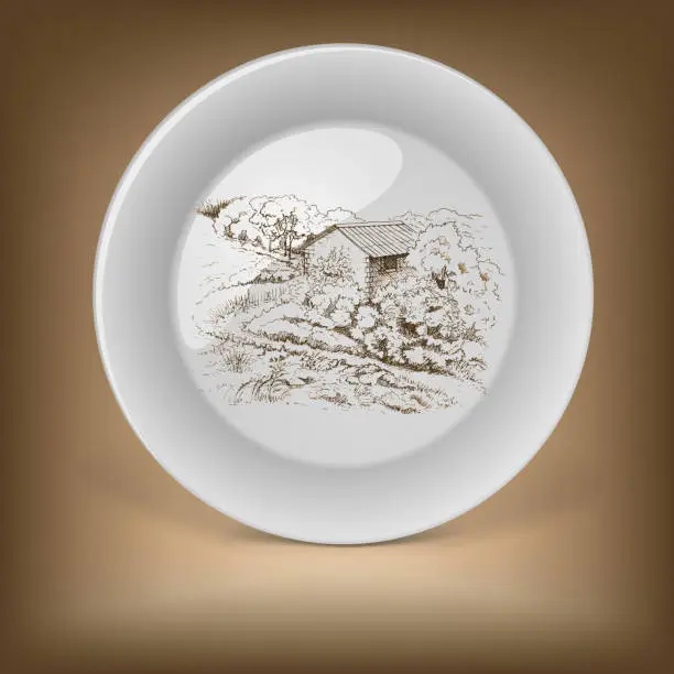 Vector illustration of Decorative plate with image of farmhouse.