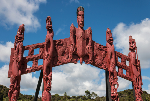 carved Maori totem in Paihia, New Zealand