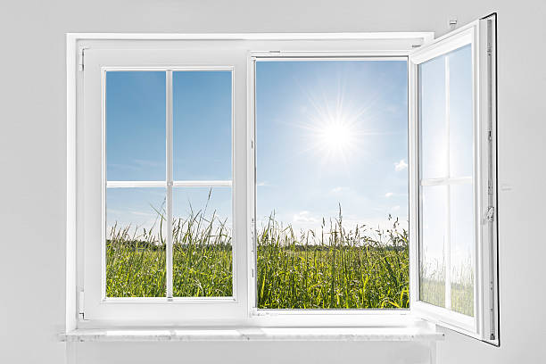 white half open window with sun stock photo