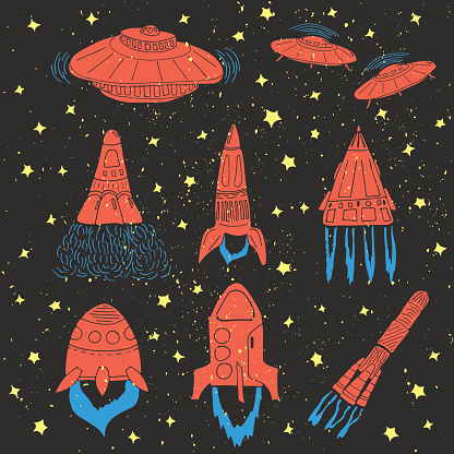 Set of hand drawn rockets. Space shuttle. UFO. Among the stars